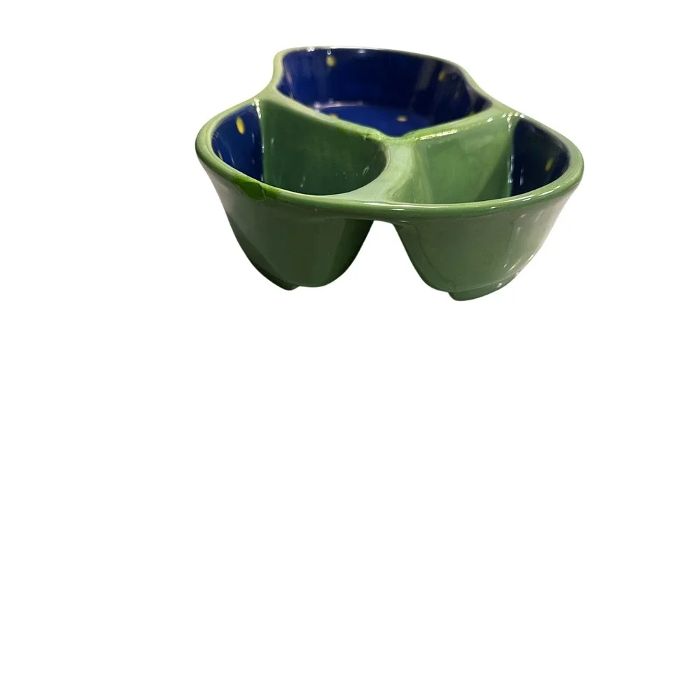 Denniseast Ceramic Flip Flop‎ Divided Serving Dish Blue Yellow Dots Green